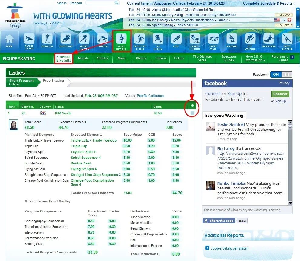 vancouver 2010 figure skating results 01 밴쿠버 동계올림픽 김연아 세계신기록 1위, 쇼트 프로그램 점수 상세보기, 김연아 경기일정