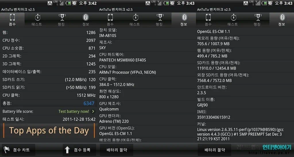 베가 LTE M 벤치마크 결과