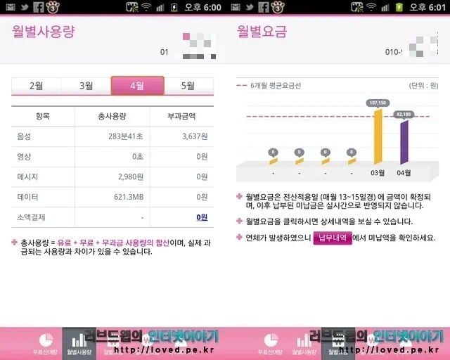 스마트폰 데이터 사용량 확인 어플, 미니 유플러스 고객센터 3 cfile7.uf@146D93434FA24C442F95CF 월별 사용량과 월별 요금